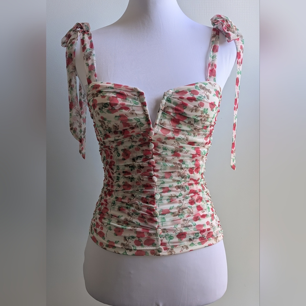 NWT....Lulu's Ivory Floral Ruched Mesh Tie-Strap Top Size XS/S